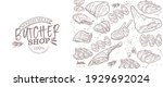 Sticker of meat products. Beef, pork, lamb. Vector illustration in the style of a sketch. A booklet, banner, or flyer of a butcher shop or store.