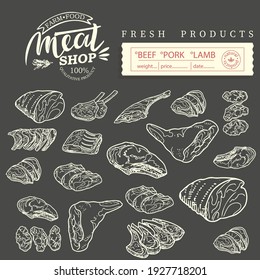 Sticker of meat products. Beef, pork, lamb. Vector illustration in the style of a sketch. A booklet, banner, or flyer of a butcher shop or store.