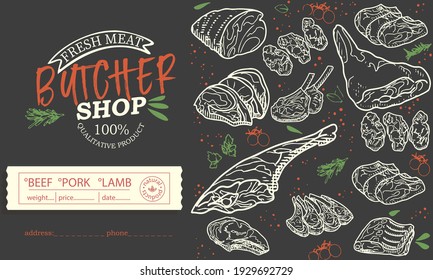 Sticker Of Meat Products. Beef, Pork, Lamb. Vector Illustration In The Style Of A Sketch. A Booklet, Banner, Or Flyer Of A Butcher Shop Or Store.