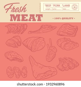 Sticker of meat products. Beef, pork, lamb. Vector illustration in the style of a sketch. A booklet, banner, or flyer of a butcher shop or store.