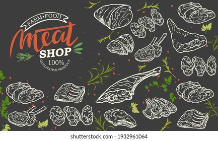 Sticker of meat products. Beef, pork, lamb. Vector illustration in the style of a sketch. A booklet, banner, or flyer of a butcher shop or store.