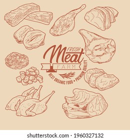 Sticker of meat products. Butchery food meat product sketch engraved set. A booklet, banner, or flyer of a butcher shop or store.