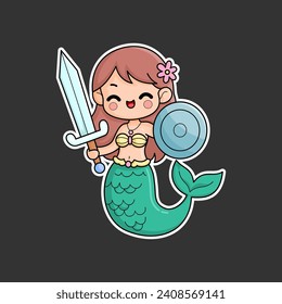 pegatina de sirena llevando espada y escudo, estilo de caricatura, kawaii
