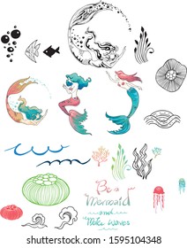 Sticker Mermaid and friends under the sea with marine life seamless pattern and typography with aqua green tone  color 