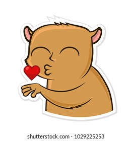 Sticker for messenger with funny animal. Hamster sending air kiss. Vector illustration, isolated on white background.