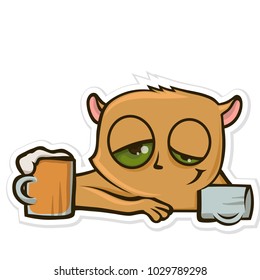 Sticker for messenger with funny animal. Hamster drinking beer at the bar. Vector illustration, isolated on white background.