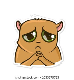 Sticker for messenger with funny animal. Sad Hamster. Vector illustration, isolated on white background.