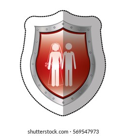 sticker metallic shield with pictogram of wedding couple with costumes