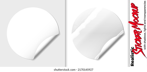Sticker mockup with glossy reflections or flares. Template ready for your custom design. Shiny sticker with curled corner for special offer or discount.