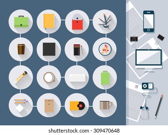 Sticker Modern flat icons with long shadow. For web design, objects, business, office and marketing.