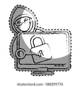 sticker monochrome blurred with hacker and lcd monitor with padlock