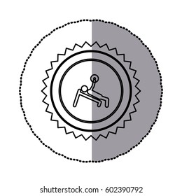 sticker of monochrome circular frame with contour sawtooth of pictogram of man with training weightlifting vector illustration