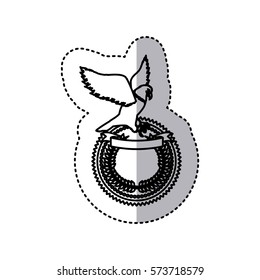 sticker monochrome contour with eagle over round frame with ribbon and olive crown vector illustration