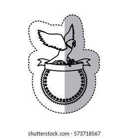 sticker monochrome contour with round frame with eagle flying over ribbon vector illustration