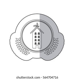 sticker monochrome half shadow and apartment with several floors in round frame with crown of leaves