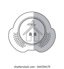 sticker monochrome half shadow and house in round frame with crown of leaves