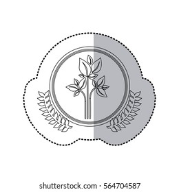 sticker monochrome half shadow and plants in round frame with crown of leaves