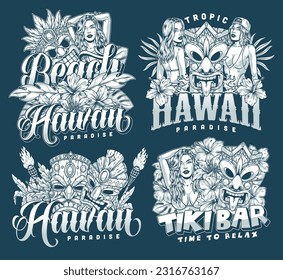 Sticker monochrome Hawaiian tropical beaches with girls and flowers near tiki masks for oceanfront bar or club interior vector illustration