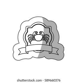 sticker monochrome line contour with emblem crab and ribbon vector illustration