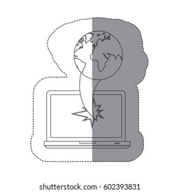 sticker monochrome silhouette broken front view tech laptop with earth world map icon vector illustration