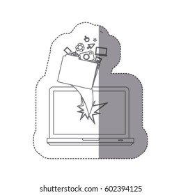 sticker monochrome silhouette broken front view tech laptop with tech elements vector illustration