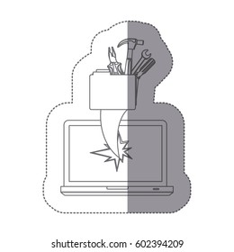 sticker monochrome silhouette broken front view tech laptop with hand tools vector illustration