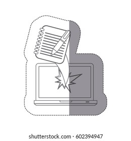 sticker monochrome silhouette broken front view tech laptop with notebook with rings and pen vector illustration