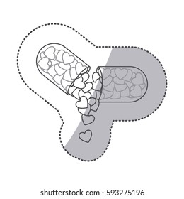 sticker monochrome silhouette pill medical in capsule shape with dripping hearts vector illustration