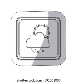sticker monochrome silhouette square button with cloud with rain and sun vector illustration
