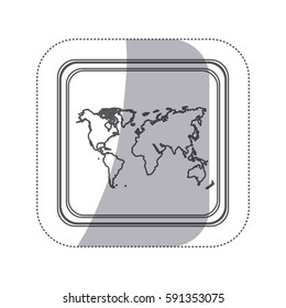 sticker monochrome silhouette square button with world map vector illustration