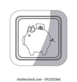 sticker monochrome silhouette square button with piggy bank with dollar coin vector illustration