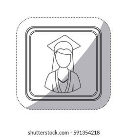 sticker monochrome silhouette square button with half body woman with graduation outfit vector illustration