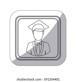 sticker monochrome silhouette square button with half body man with graduation outfit vector illustration