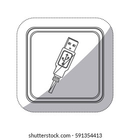 sticker monochrome silhouette square button with usb connector with wire vector illustration