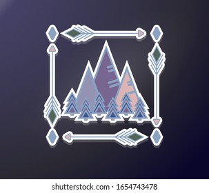Pegatinas con montañas y bosques. Paisaje enmarcado por flechas. Logotipo de viaje o impresión para tela estilo viaje. Ilustración vectorial de gris claro, laca, verde. Signo para caminatas, recreación al aire libre
