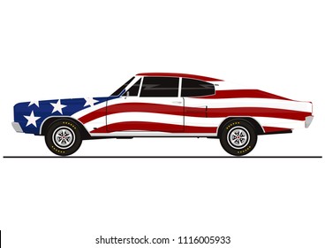 Sticker of muscle car in the color of the American flag. Side view. Flat vector.