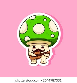 Sticker Mushroom Playing Guitar Vector Illustration Cartoon Design