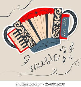 Um adesivo de um acordeão de instrumento musical no estilo plano com a inscrição doodle