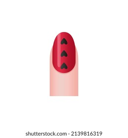 Pegatina para uñas con diseño de corazones, ilustración vectorial 3d aislada en fondo blanco. Dedo femenino con arte de uñas decoradas. Manicura romántica y brillante.