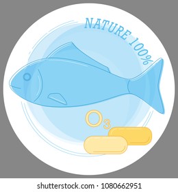 Sticker Natural 100% with the image of fish and fish oil capsules in the style of line art. Vector. For printing stickers, stickers, symbols of the product