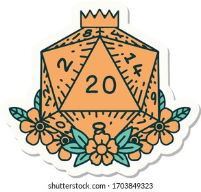 sticker of a natural 20 D20 dice roll with floral elements
