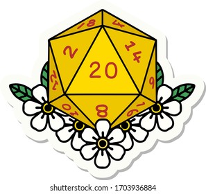 sticker of a natural 20 D20 dice roll with floral elements