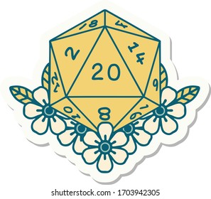 sticker of a natural 20 D20 dice roll with floral elements