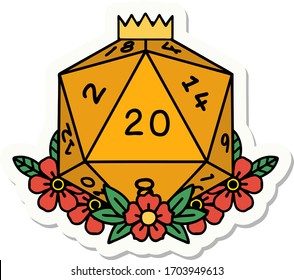 sticker of a natural 20 D20 dice roll with floral elements