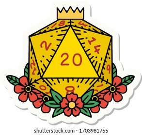 sticker of a natural 20 D20 dice roll with floral elements