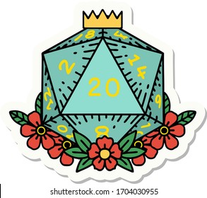 sticker of a natural 20 D20 dice roll with floral elements