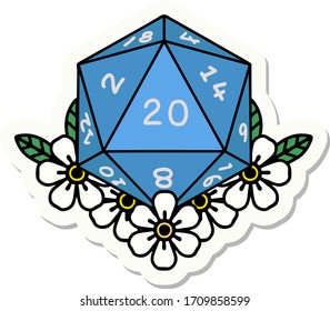 sticker of a natural 20 D20 dice roll with floral elements
