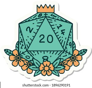 sticker of a natural 20 D20 dice roll with floral elements