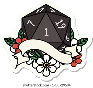 sticker of a natural one d20 dice roll