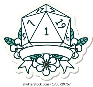 sticker of a natural one d20 dice roll